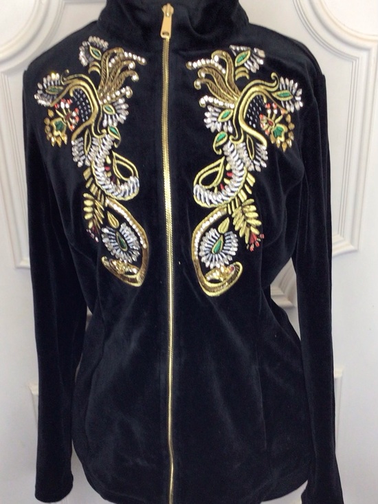 Boston Proper Jackets & Blazers - Boston Proper Black Velour Zip Up with Gold Embroidery Size M